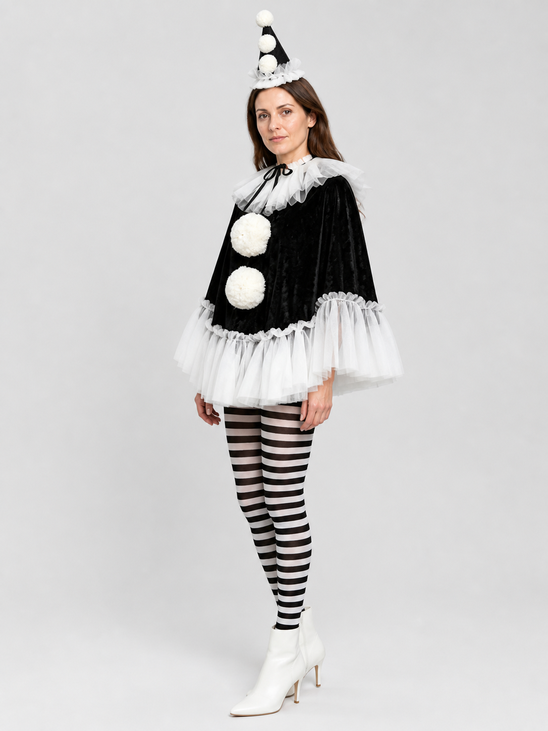 Black and White Carnival Cape with Pom-Poms side view
