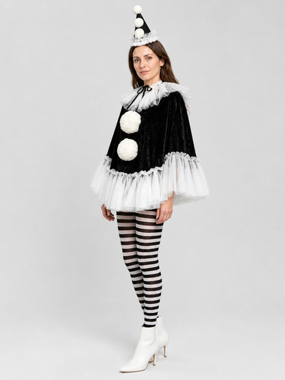Black and White Carnival Cape with Pom-Poms side view