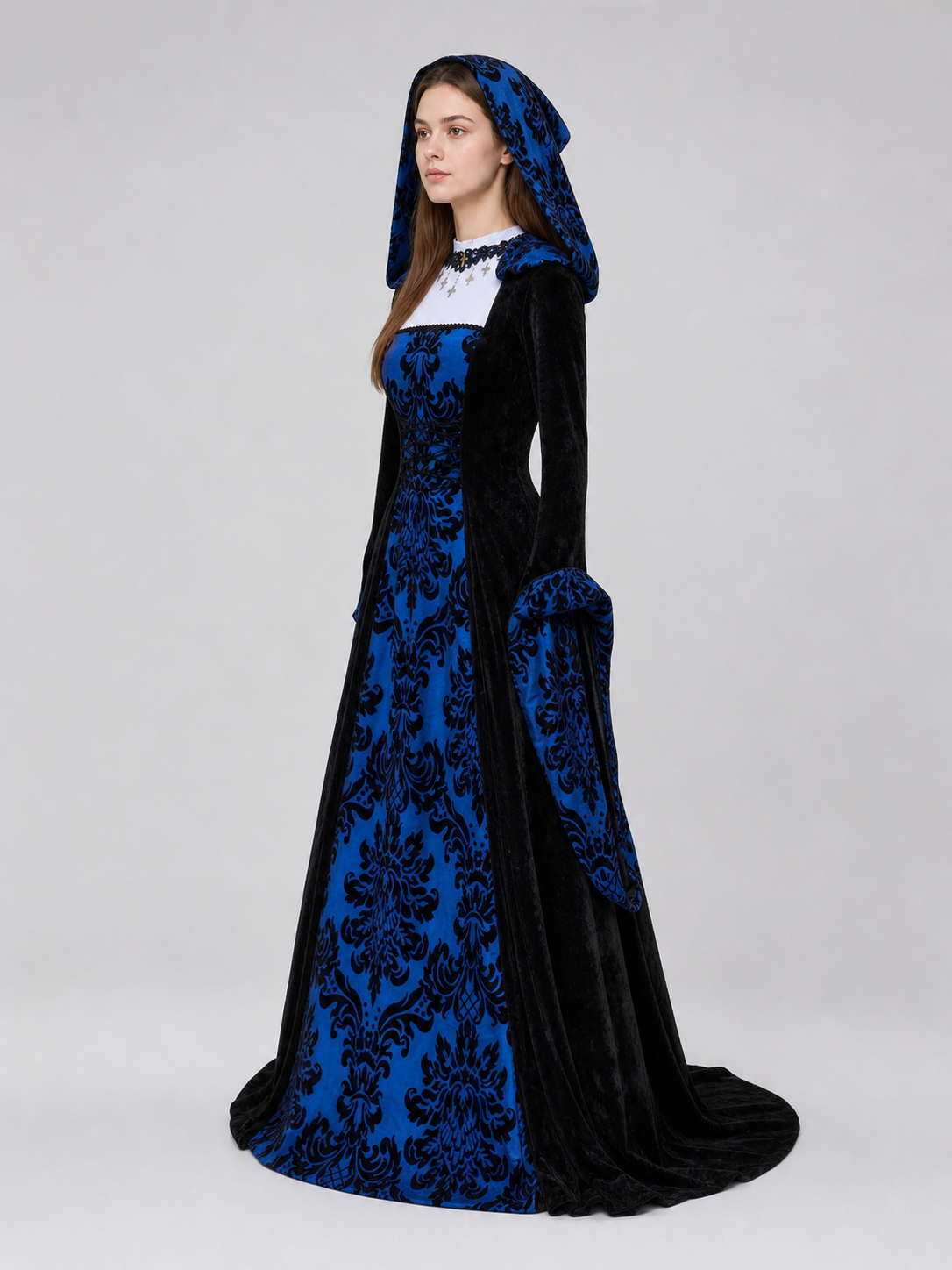 Gothic Hooded Dress with Damask Pattern