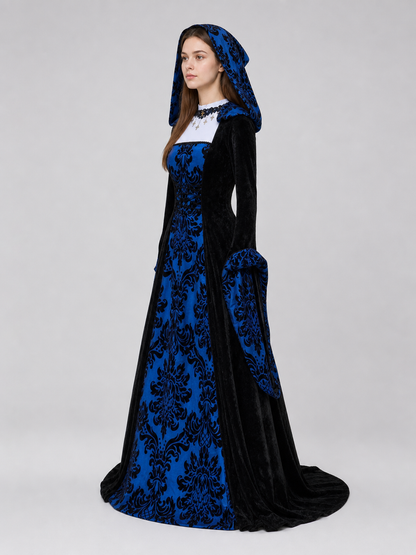 Gothic Hooded Dress with Damask Pattern