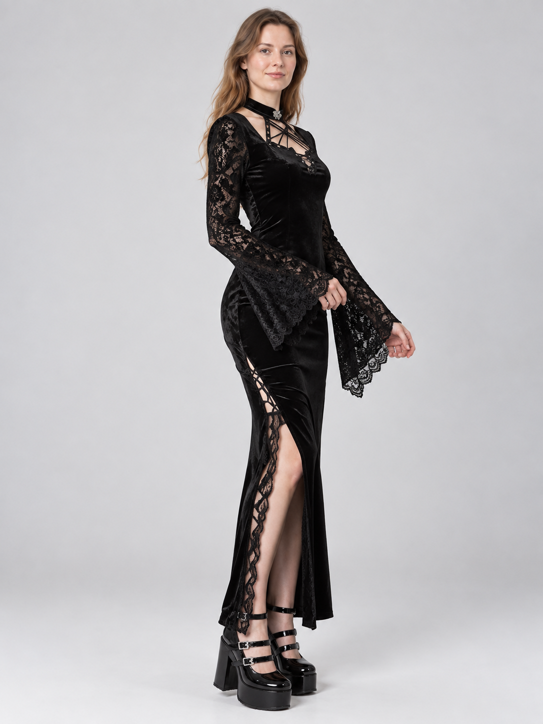 Gothic Black Lace Dress with High Slit