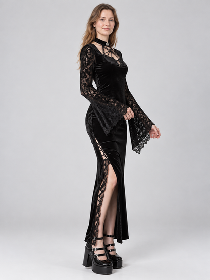 Gothic Black Lace Dress with High Slit