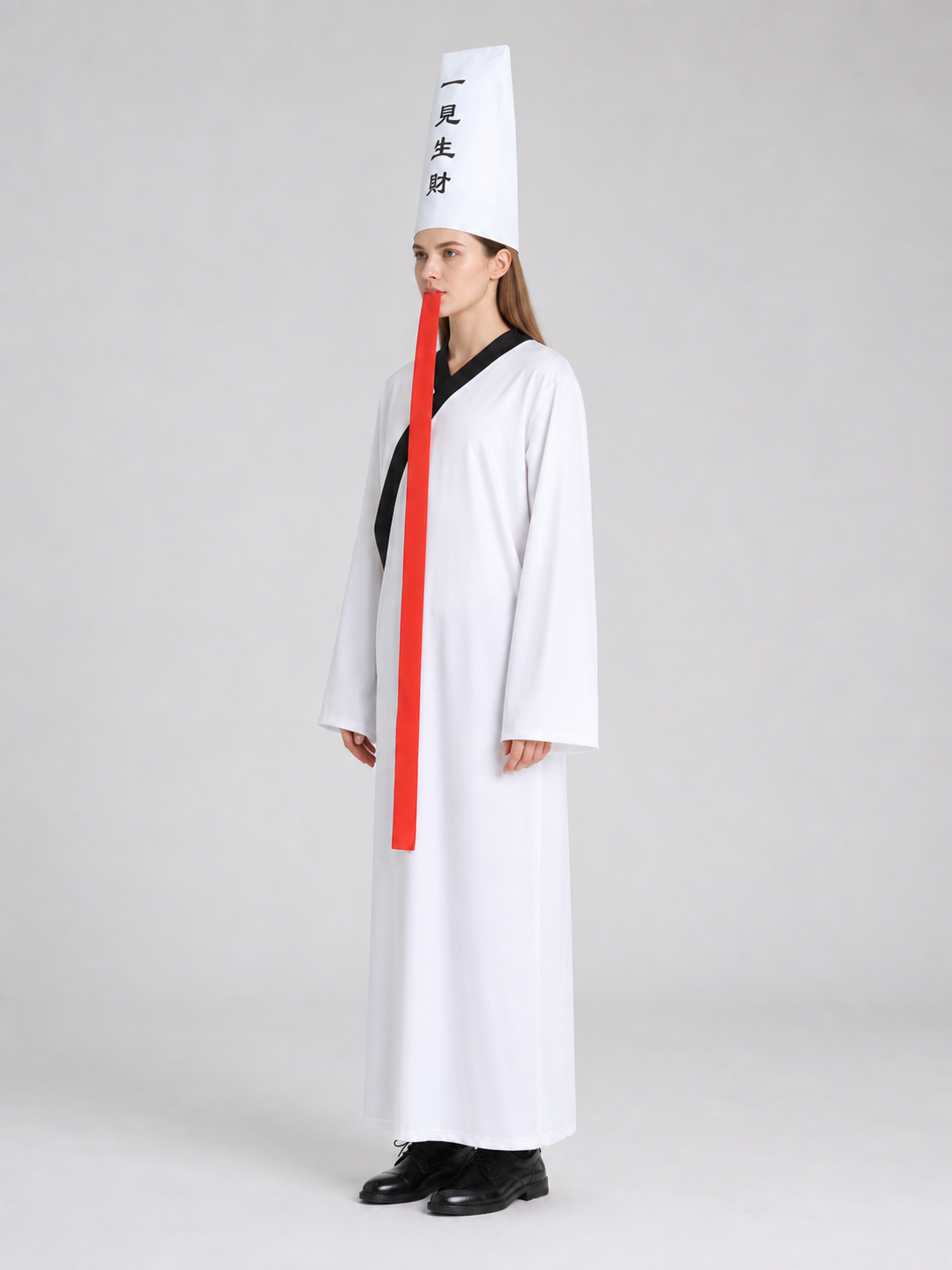 Chinese-style zombie costume with a white hat