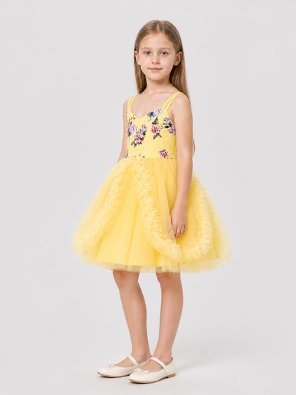 Yellow Princess Dress with a Full Skirt and Ruffles side view