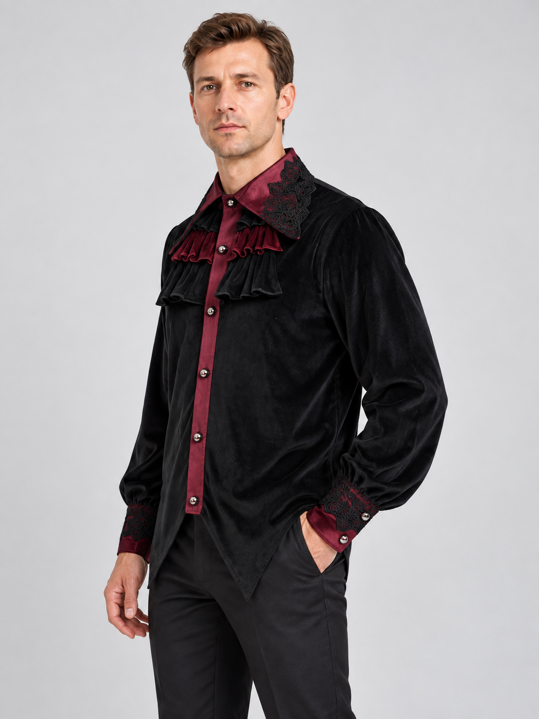 Black shirt with burgundy accents and lace trim