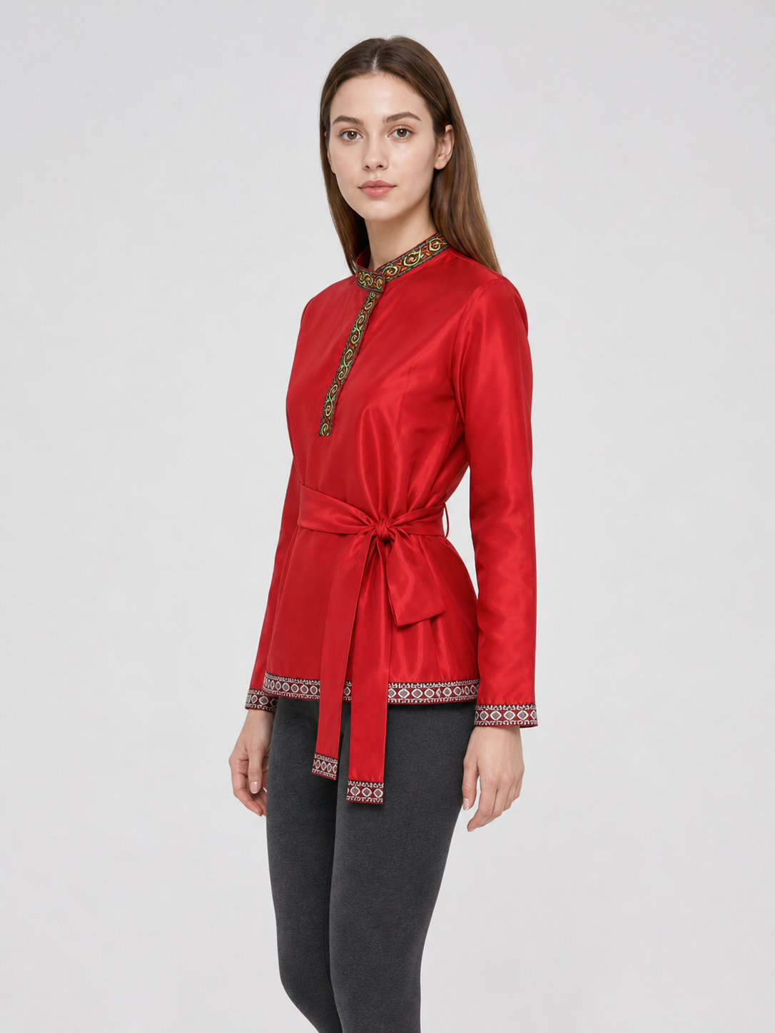 Red Tunic with Ornament, Stand-Up Collar, and Belt