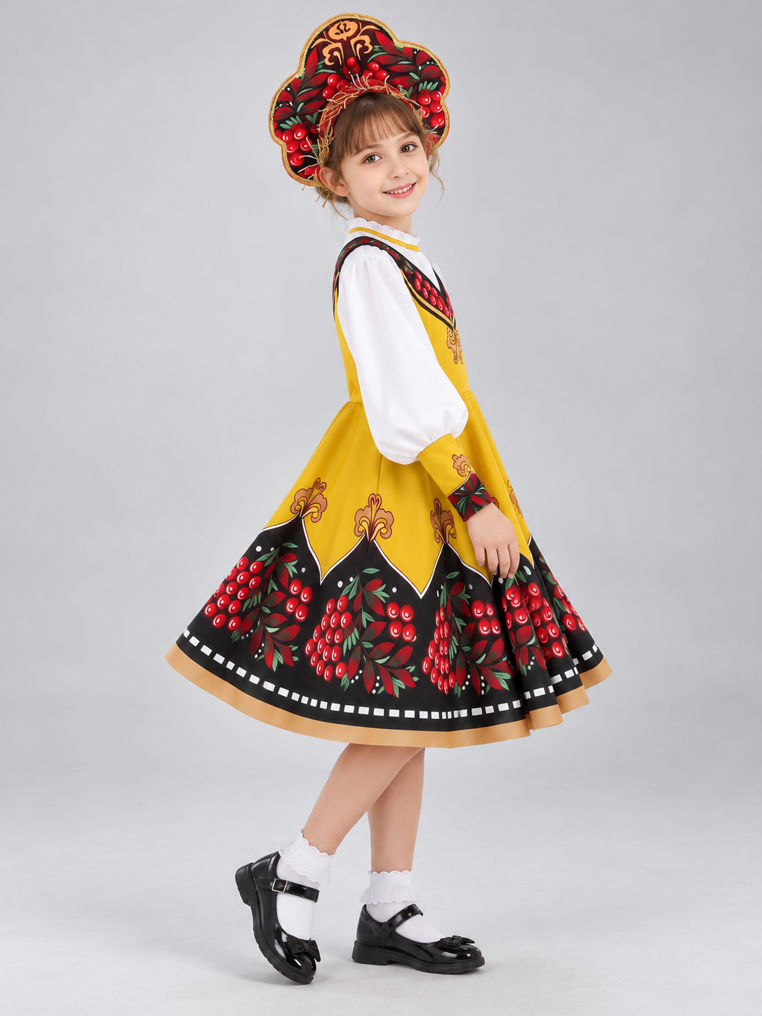Russian Folk Costume: Yellow Sarafan, Blouse, Kokoshnik
