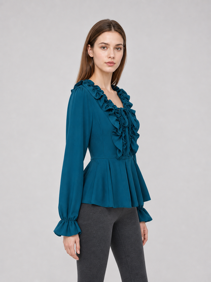 Renaissance Blouse with a Jabot, Lace-Up Detail, and Sleeves