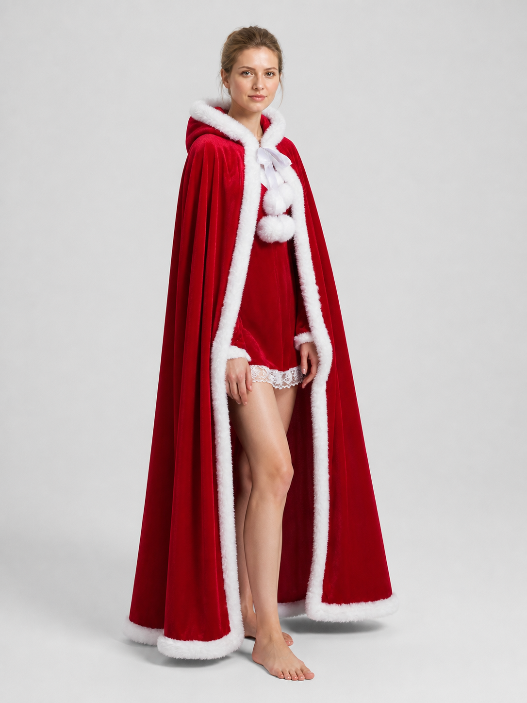 Red Hooded Cape with White Trim side view
