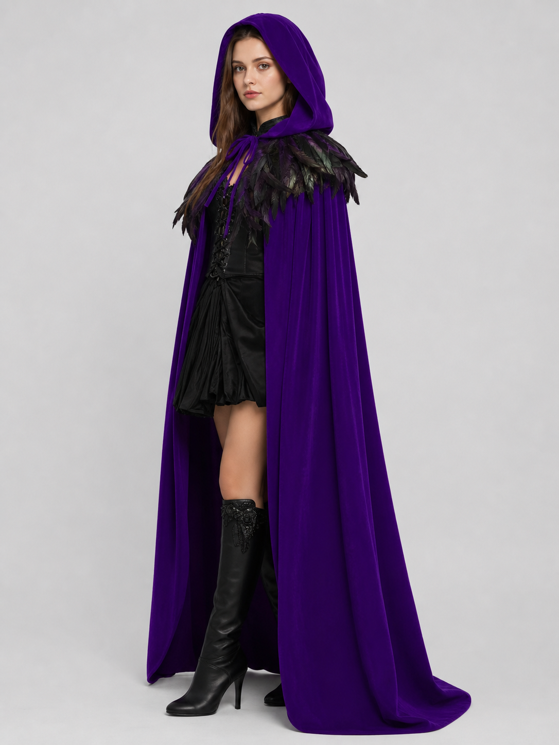 Purple Velvety Hooded Cape with Feathers