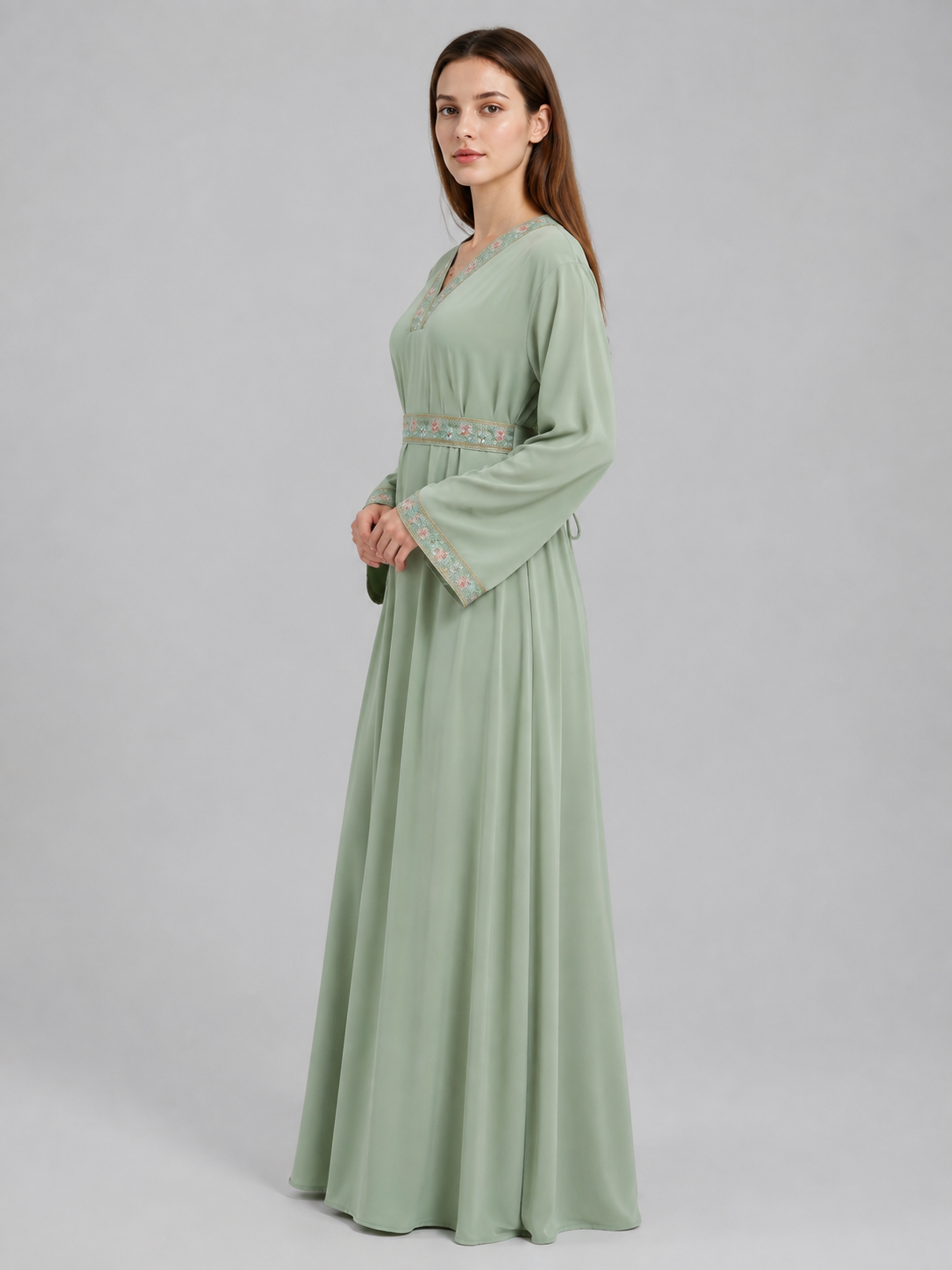 Light Green Embroidered Dress with Tie Belt side view