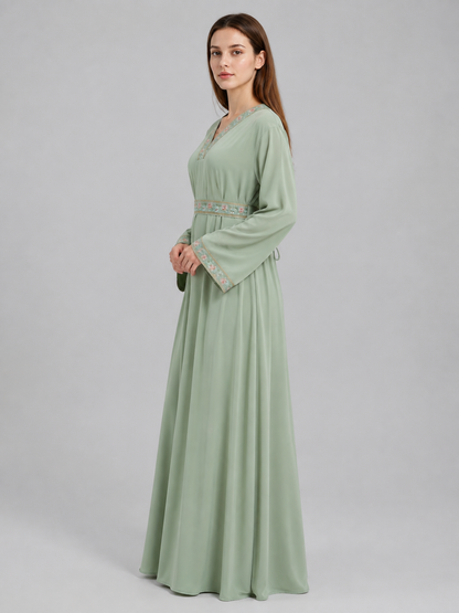 Light Green Embroidered Dress with Tie Belt side view