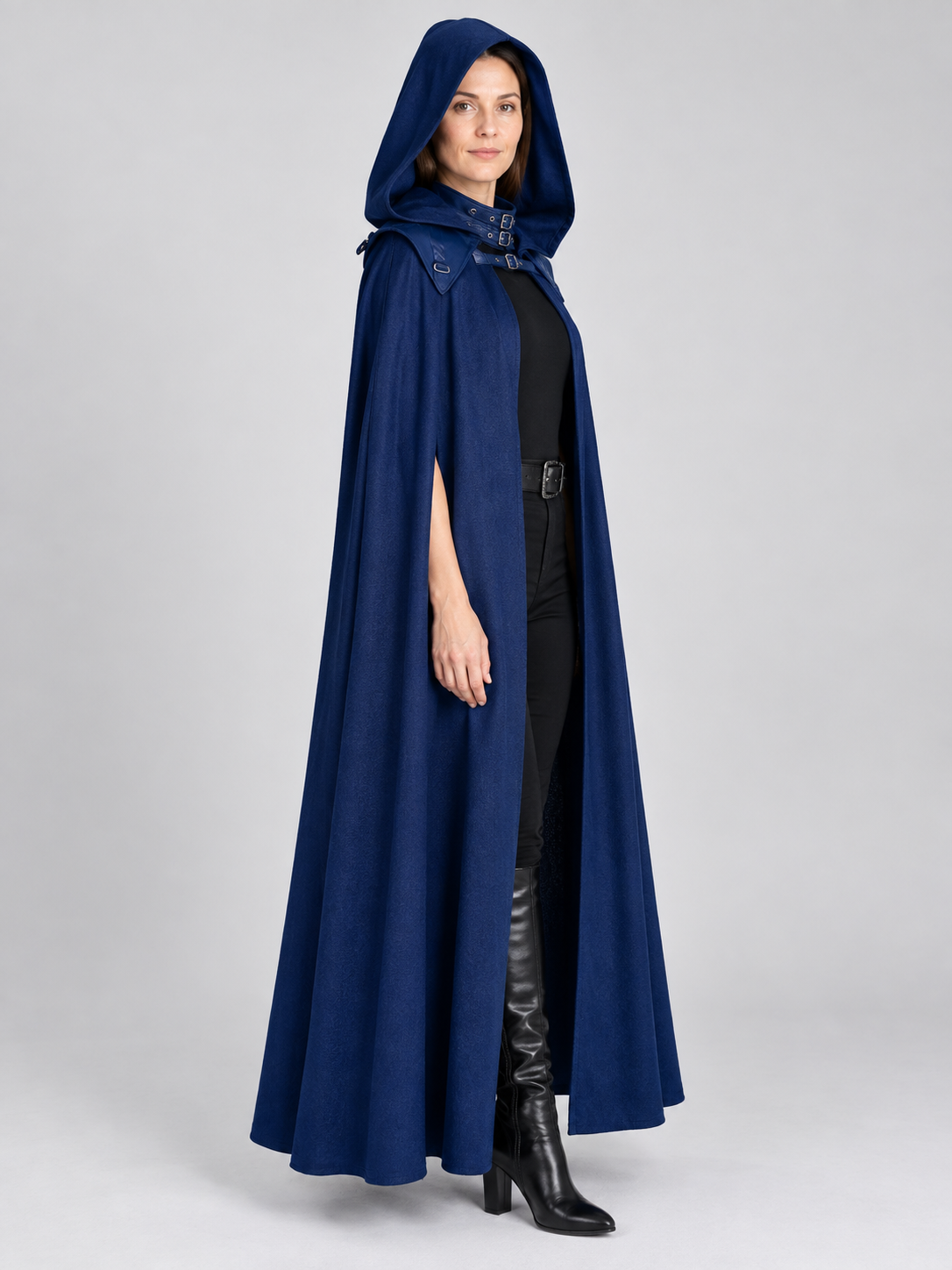 Long Hooded Cloak Cape with Buckles, Dark Blue