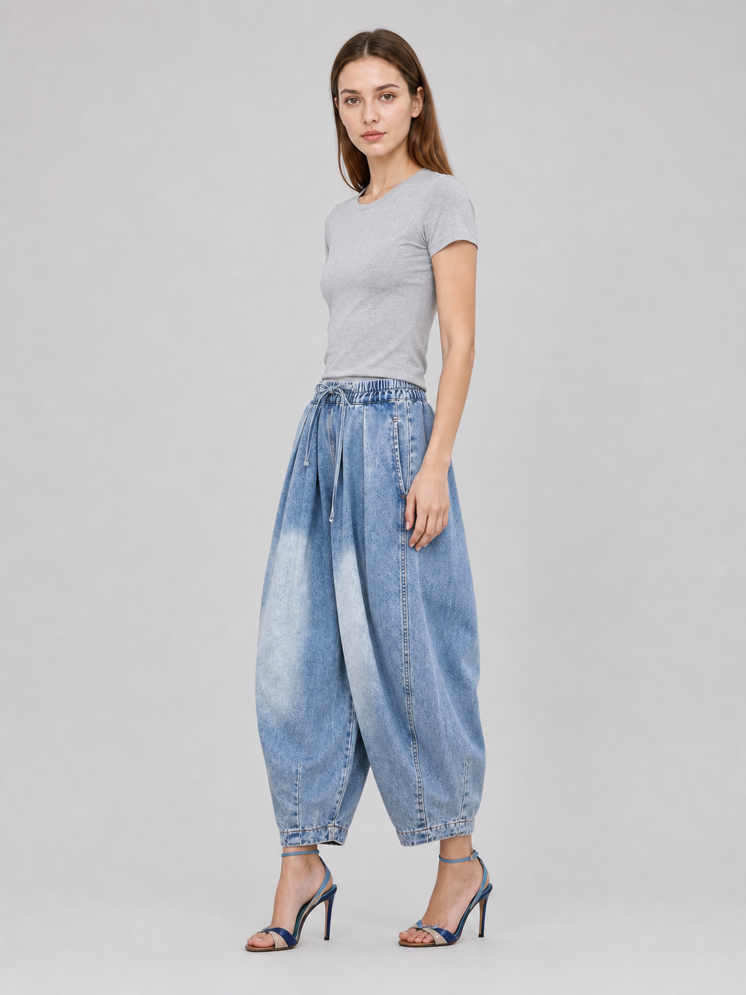 Wide-Leg Denim Pants with Elastic Waistband and Drawstring