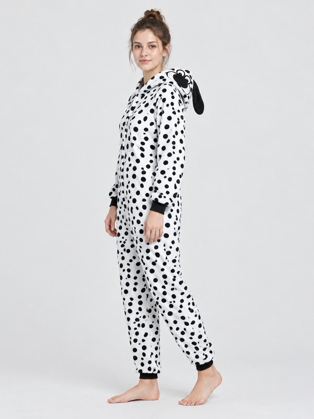 Pajama Jumpsuit with Dog-Face Hood and Black Spots
