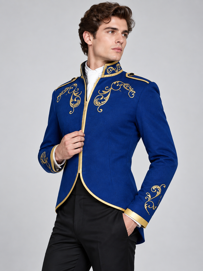 Blue tailcoat with gold embroidery and high collar