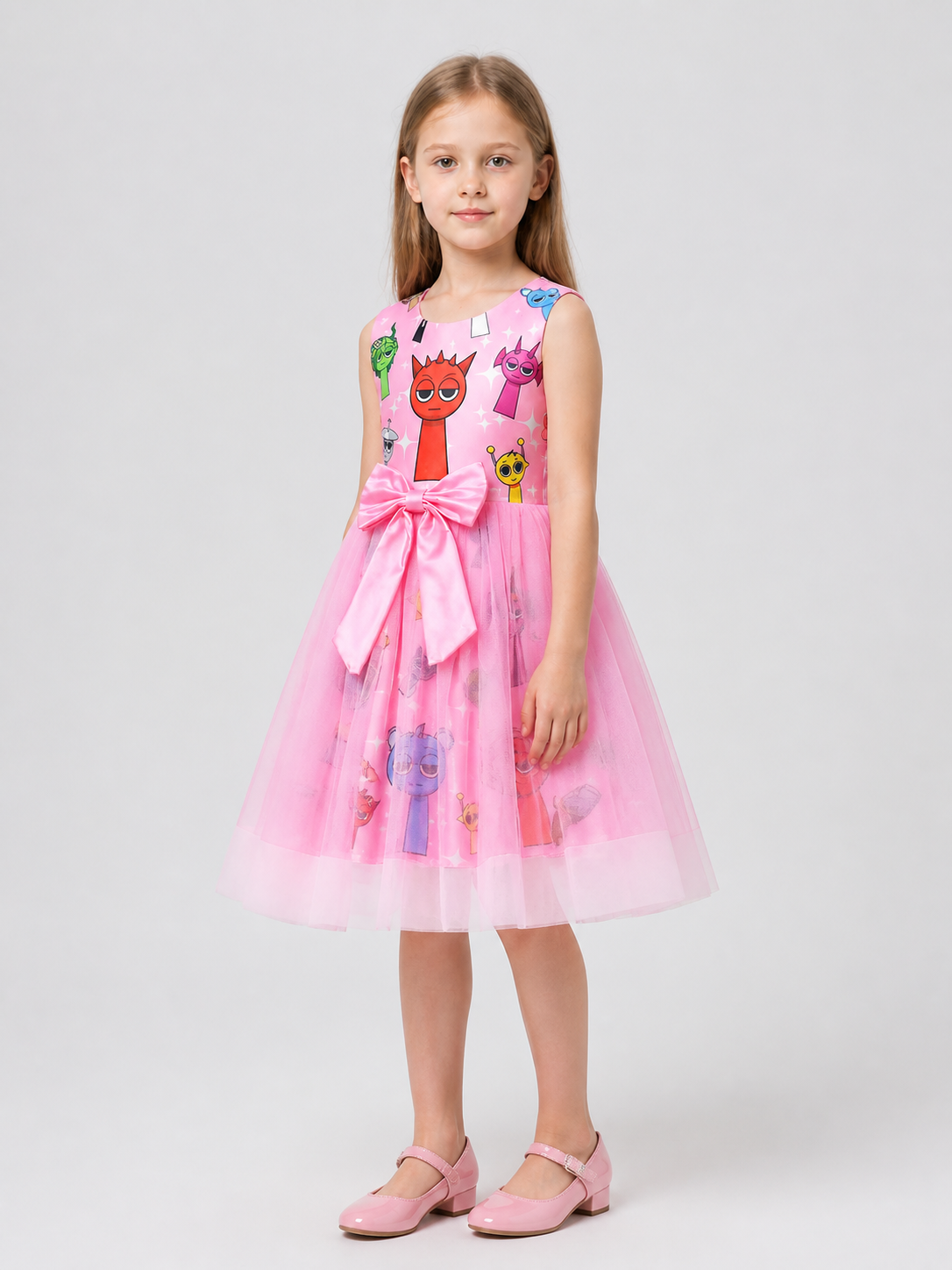 Girls' Puffy Tutu Dress with Cartoon Print and Pink Bow side view