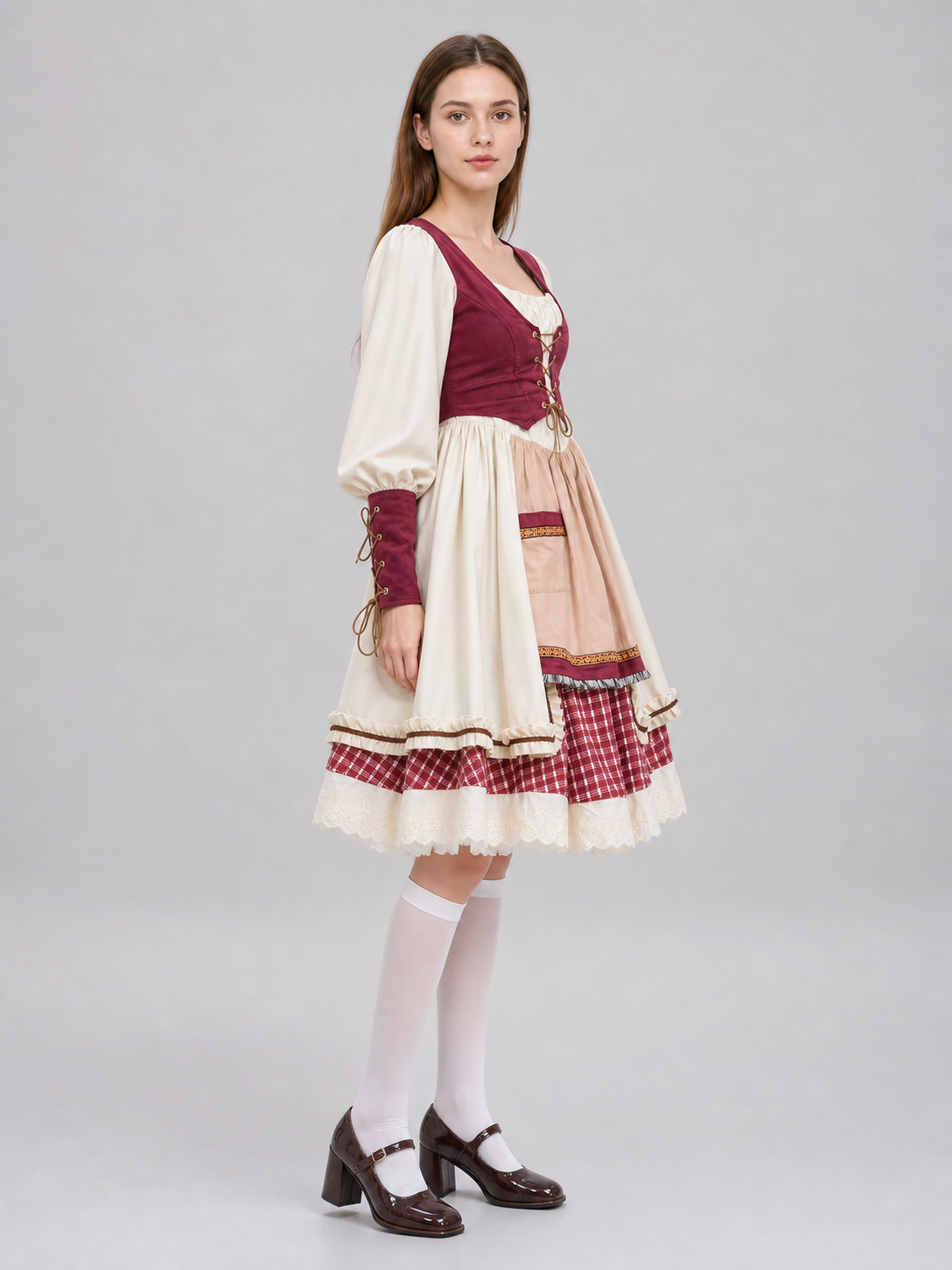 Historical costume for the stage with apron and lace side view