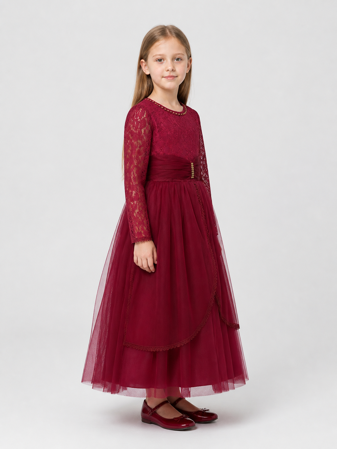 Girls' Burgundy Lace Dress with a Full Skirt side view