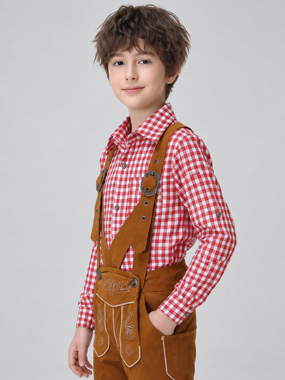 Red and white plaid shirt with a polyester collar