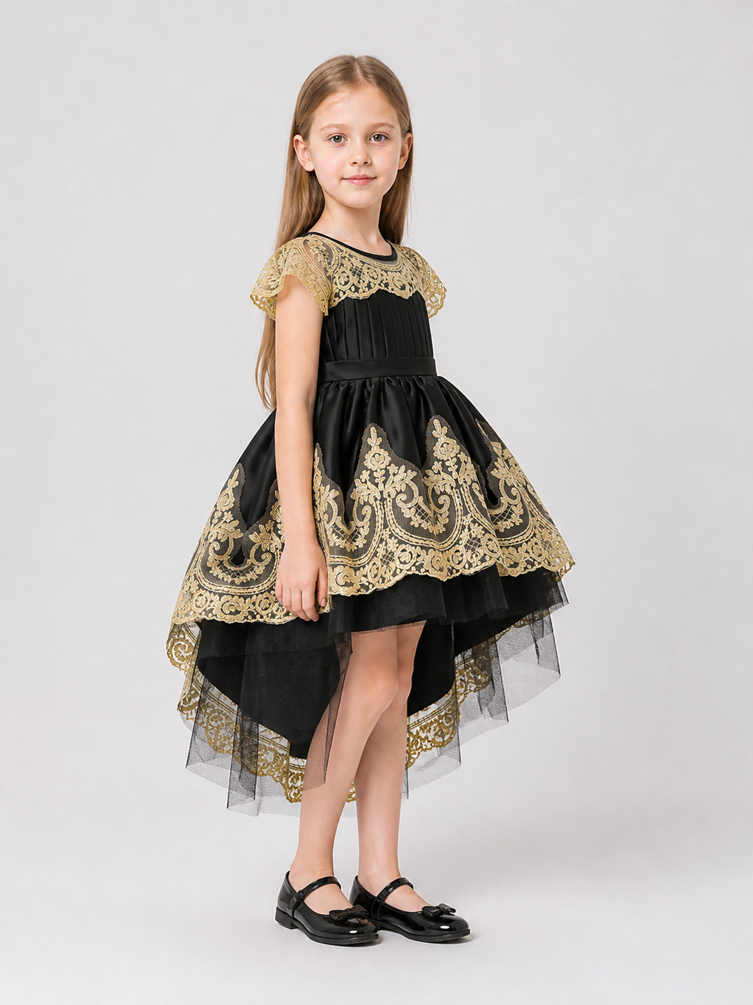 Full Princess Dress with Gold Embroidery and Train side view