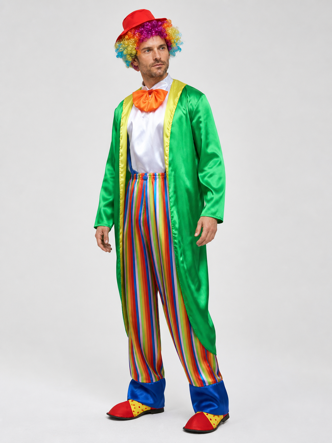 Circus Clown Costume with Cape, Hat, and Bow Tie side view