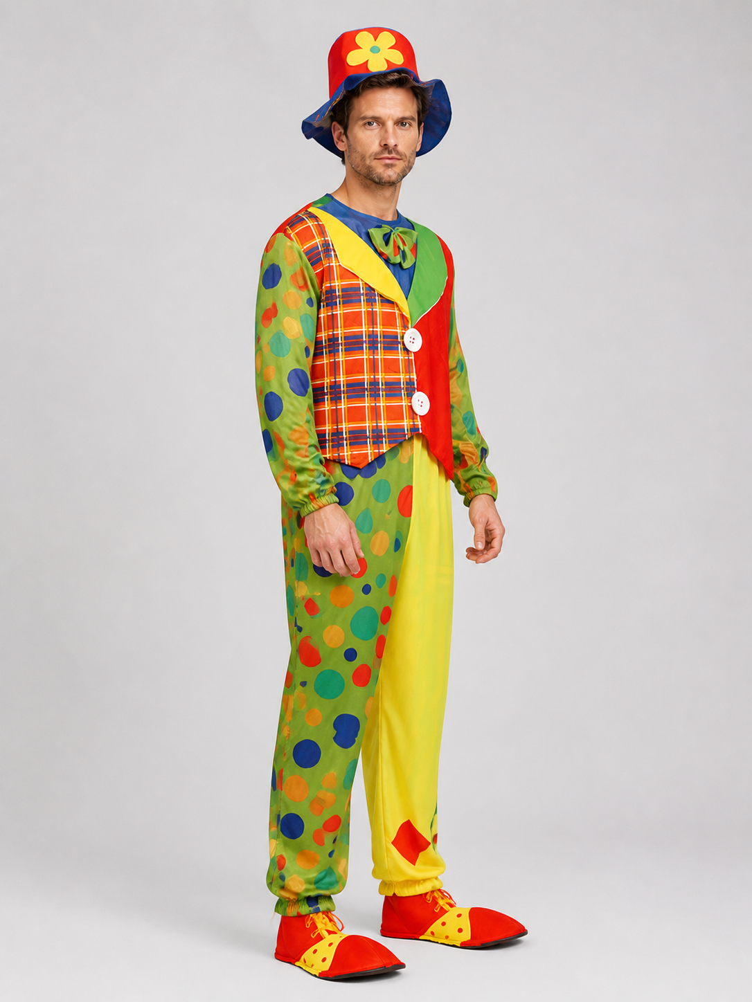 Clown Costume for the Stage, Jumpsuit with Vest and Hat side view