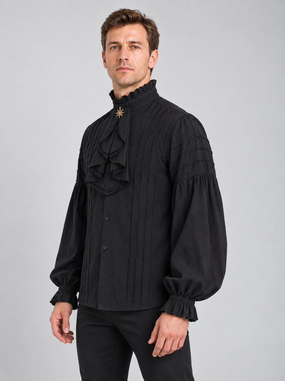 Black Shirt with Ruffles and Star Brooch