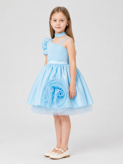 Blue Princess Dress for Girls with Rose and Choker side view