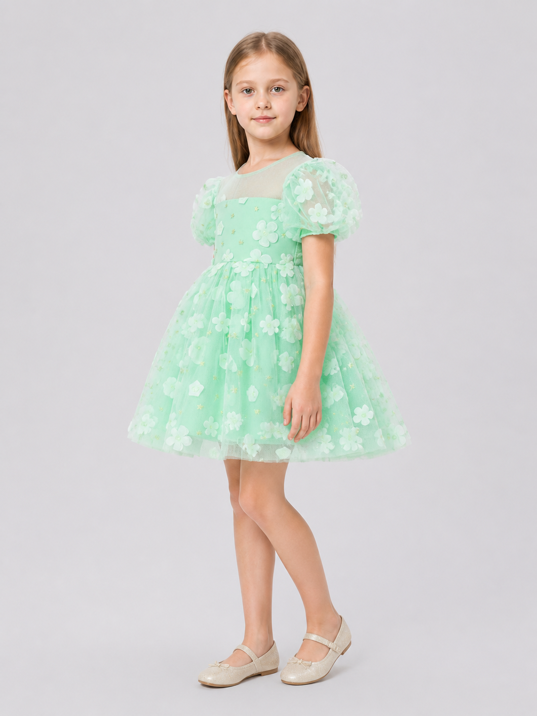 Mint Princess Dress for Girls with a Tulle Skirt side view