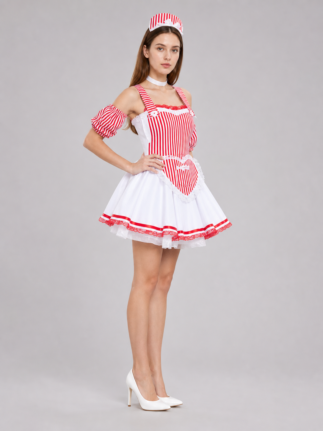 Cosplay costume dress with a striped bodice