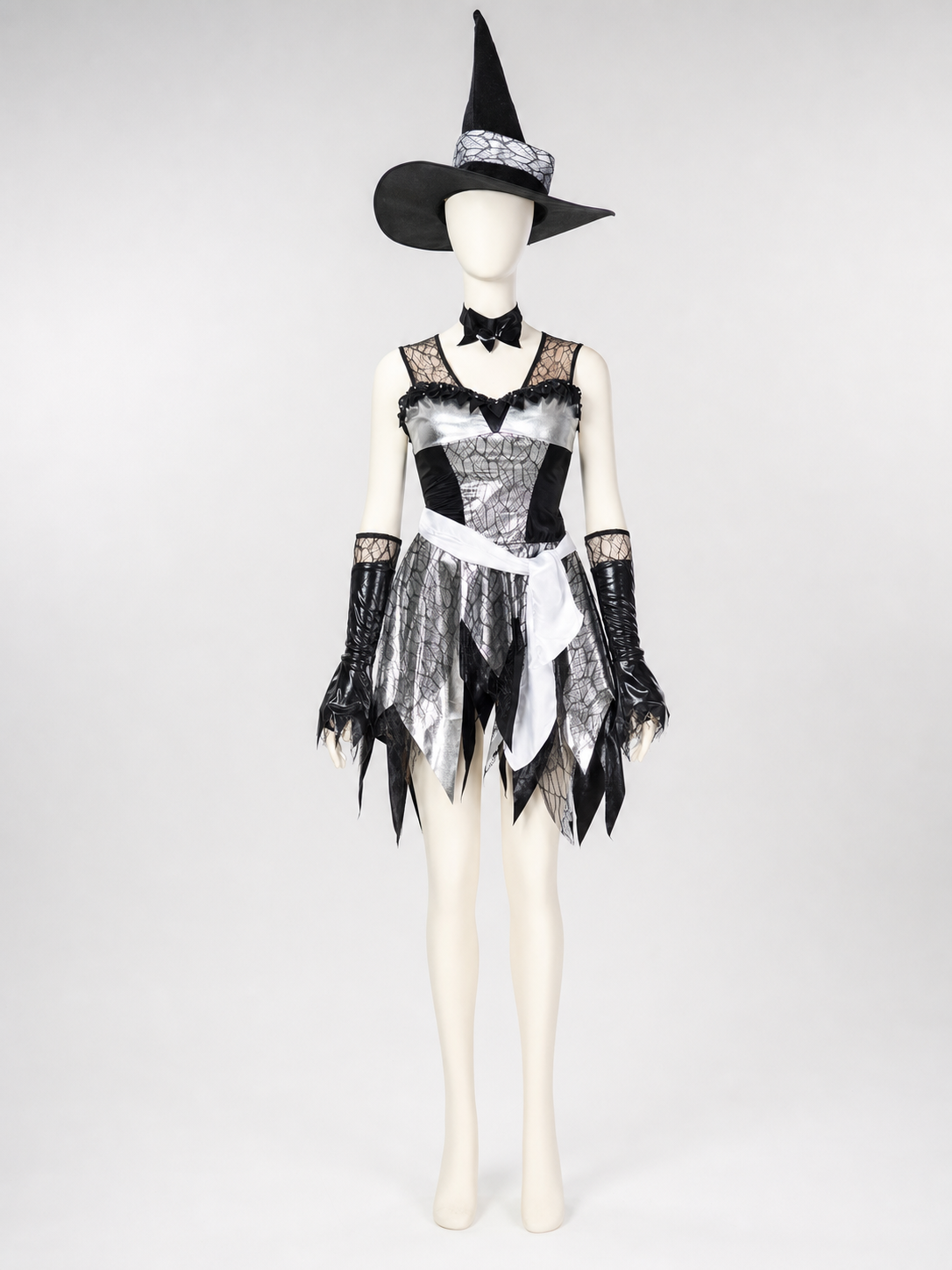 The witch costume is designed in a black, silver, and white color scheme and side view