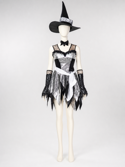 The witch costume is designed in a black, silver, and white color scheme and side view