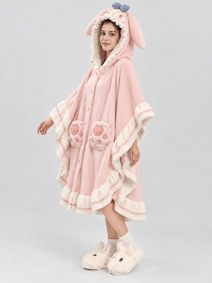 Pink Hooded Coral Fleece Poncho Robe
