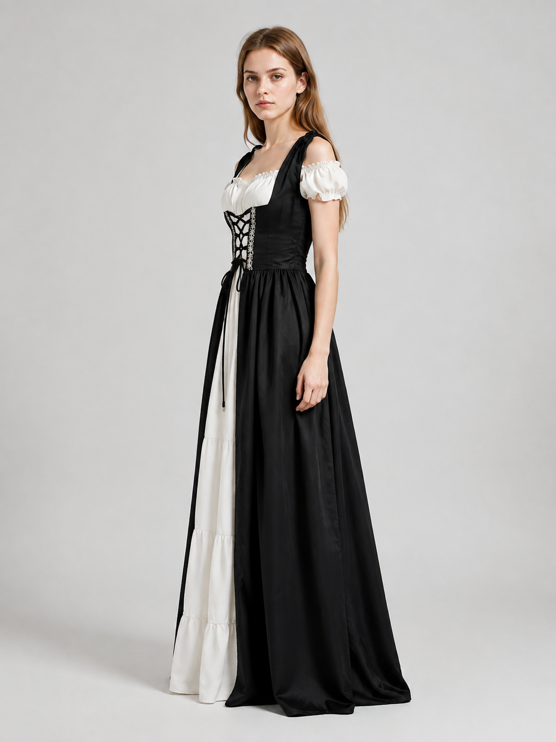 Medieval Black and White Dress with a Corset Bodice side view