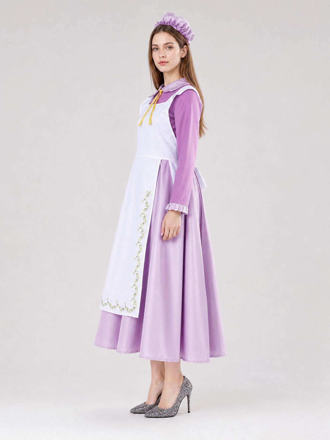Purple dress costume with apron and bonnet