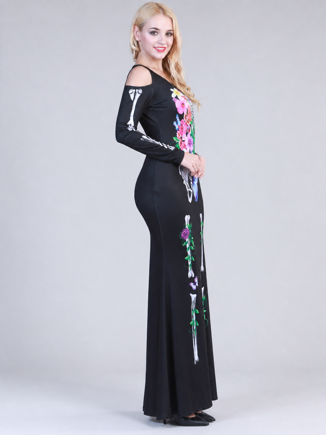 Sleeved Maxi Dress with Gothic Skeleton Print
