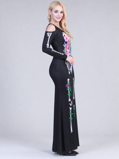 Sleeved Maxi Dress with Gothic Skeleton Print