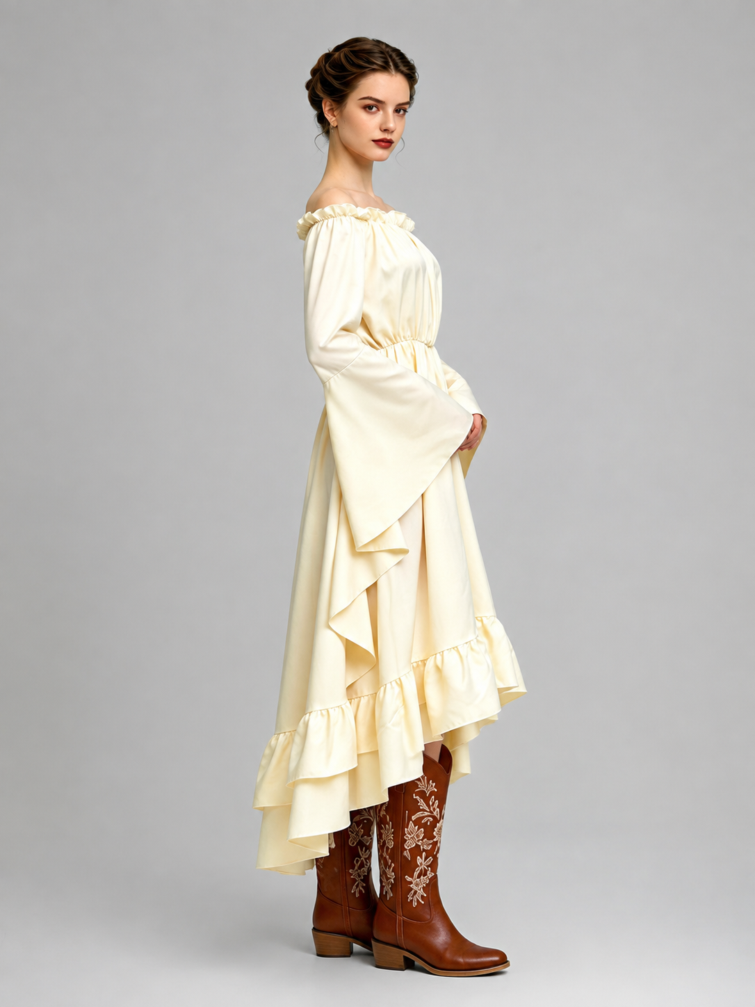 Cream Medieval-Style Ruffled Dress side view