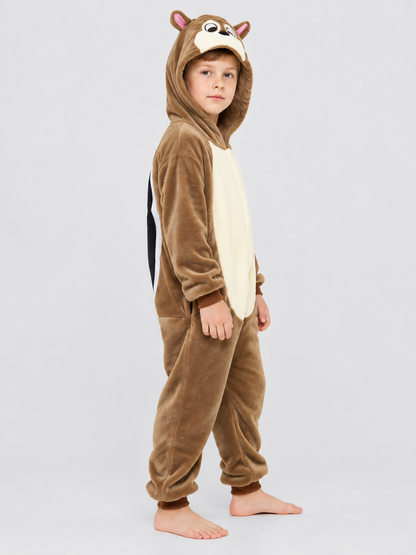 Brown hooded children's pajama jumpsuit with ears