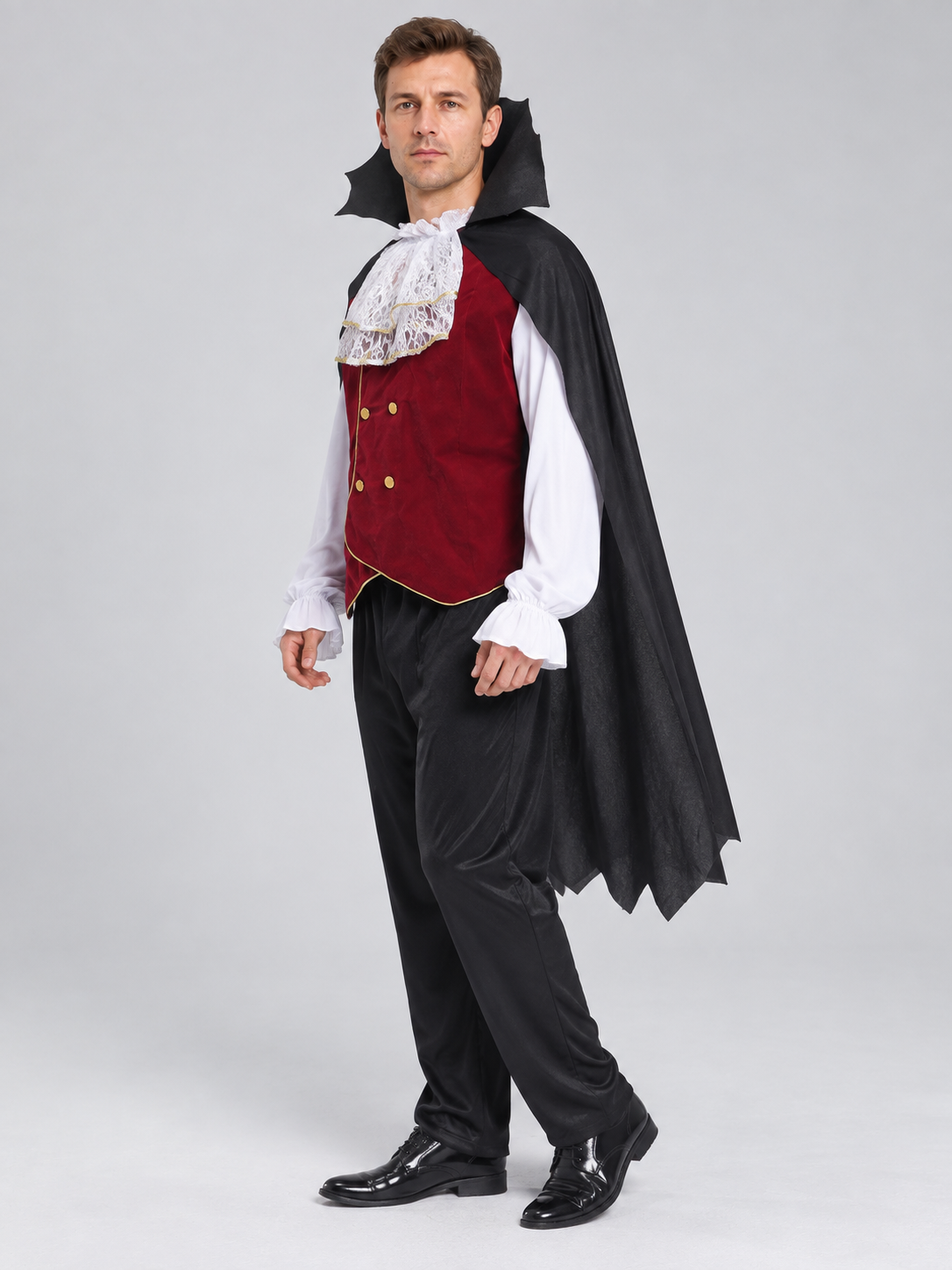Costume with Burgundy Vest, Pants, and Cape side view