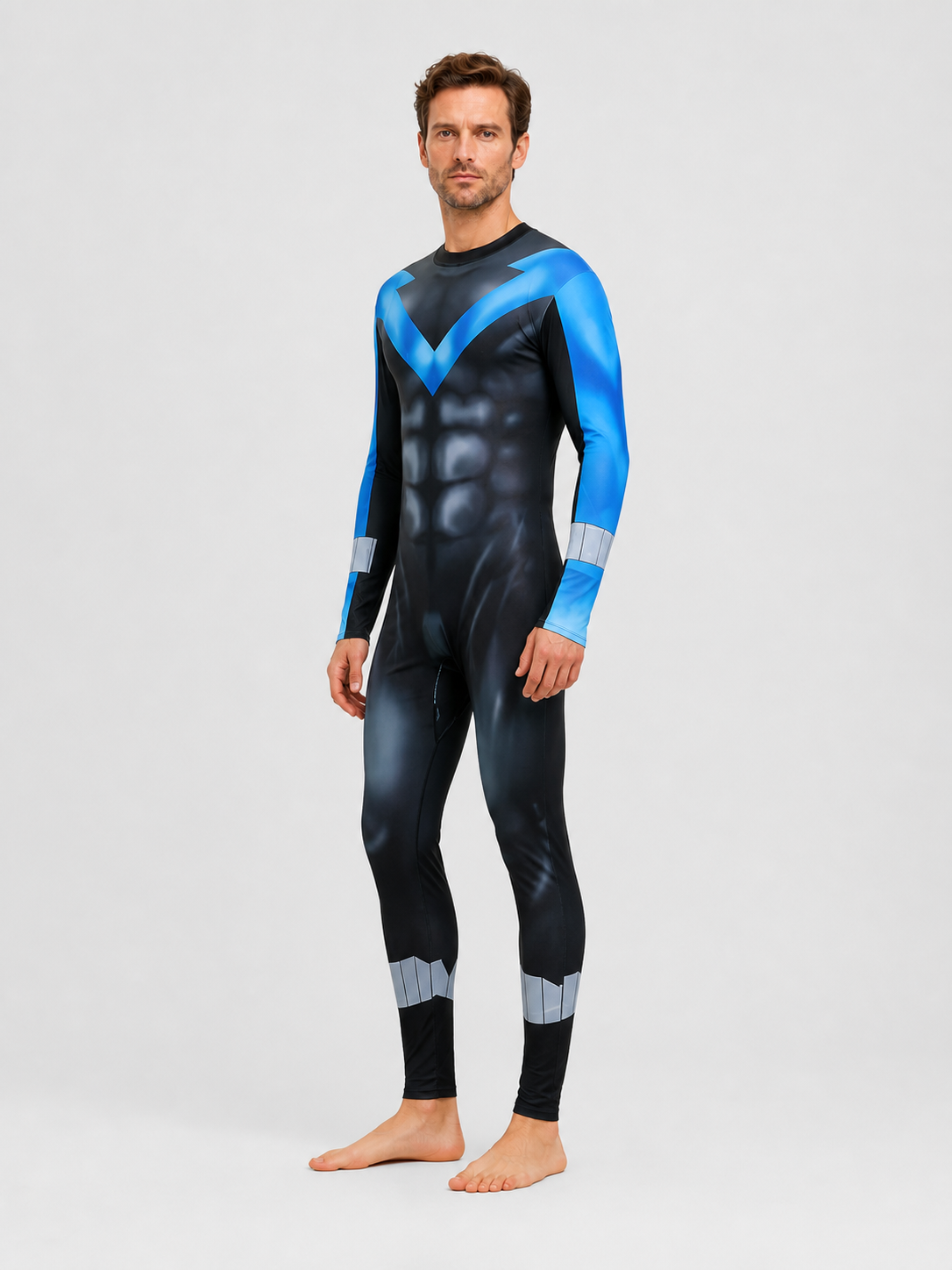Nightwing Costume, One-Piece Jumpsuit with Muscle Print side view