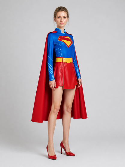 Superhero costume: top, skirt, belt, and long cape side view