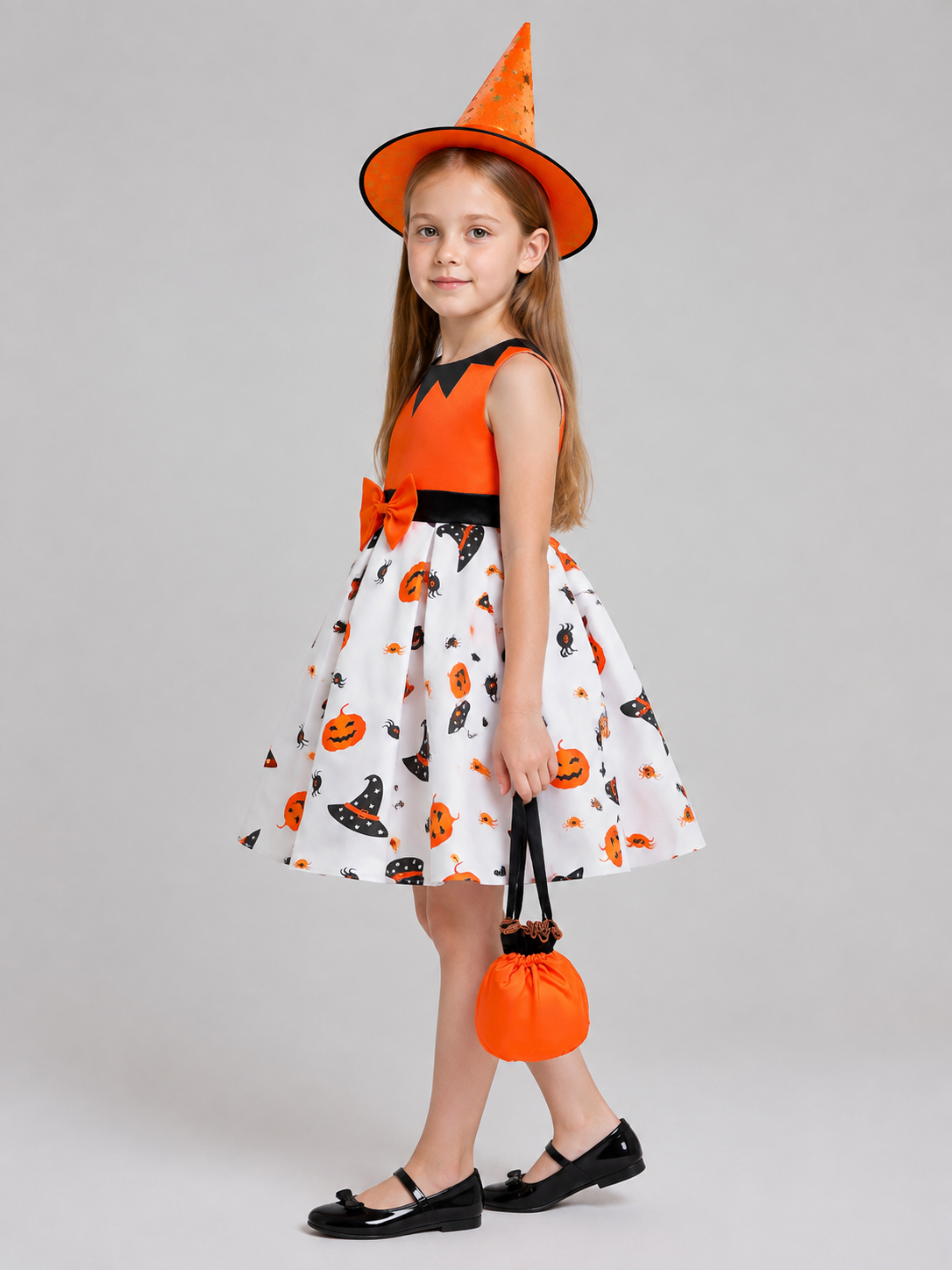 Children's Halloween Costume Dress with Bow and Hat side view