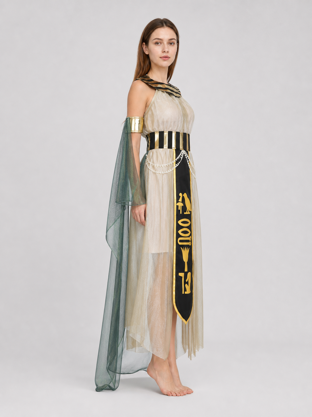 Women’s Egyptian Pharaoh Queen Halloween Cosplay Dress Set with Headpiece, Belt, Arm Accessories and Draped Sleeves for Stage Performance