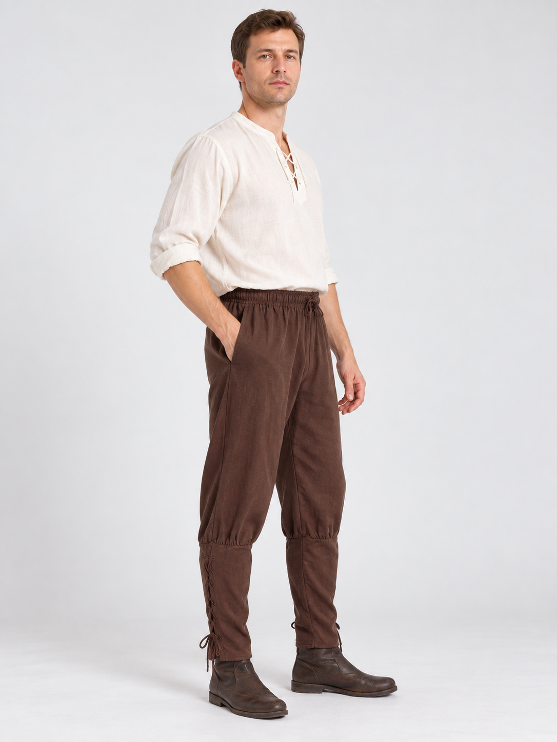 Brown Loose-Fit Pants with Drawstrings and Lacing