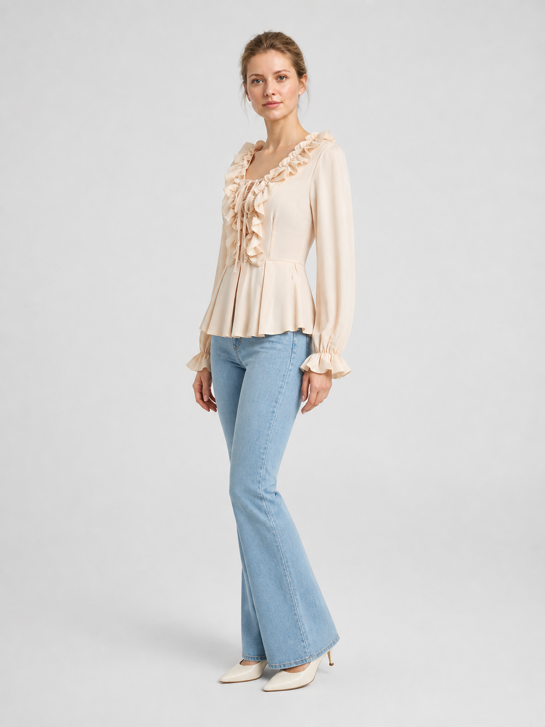 Cream Ruffled Lace-Up Renaissance Blouse side view