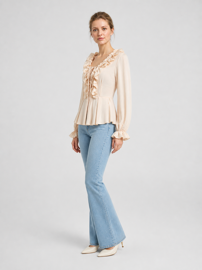 Cream Ruffled Lace-Up Renaissance Blouse side view