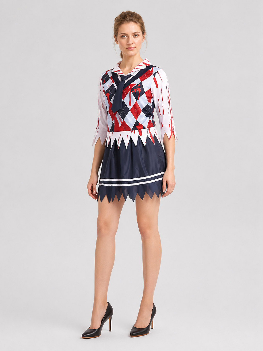 Zombie cosplay costume, school style, stripes side view