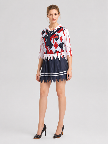 Zombie cosplay costume, school style, stripes side view